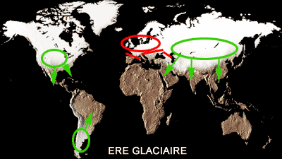 En rouge, la barrière infranchissable des Pyrénées et des Alpes, qui expliquent la disparition des palmiers d'Europe.